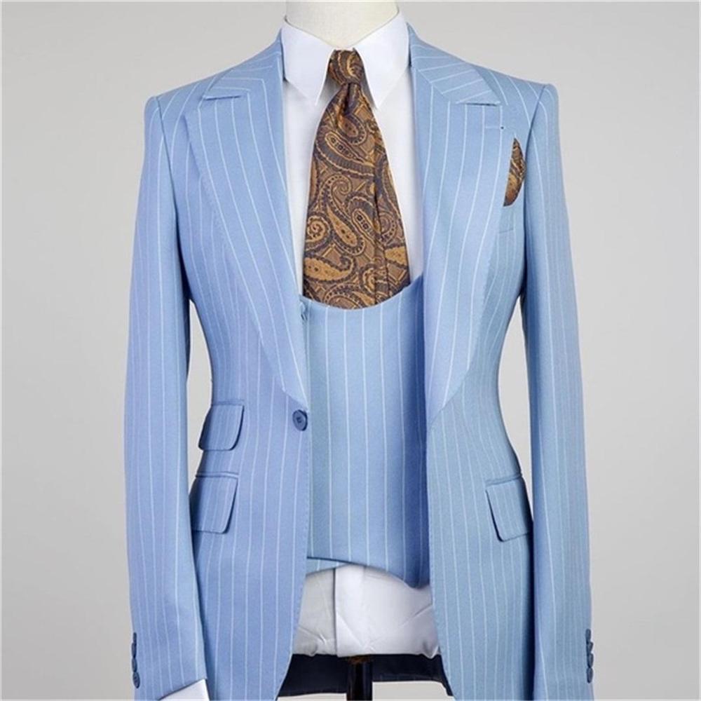 Light Blue Stripe Peaked Lapel Three-pieces Men Suits