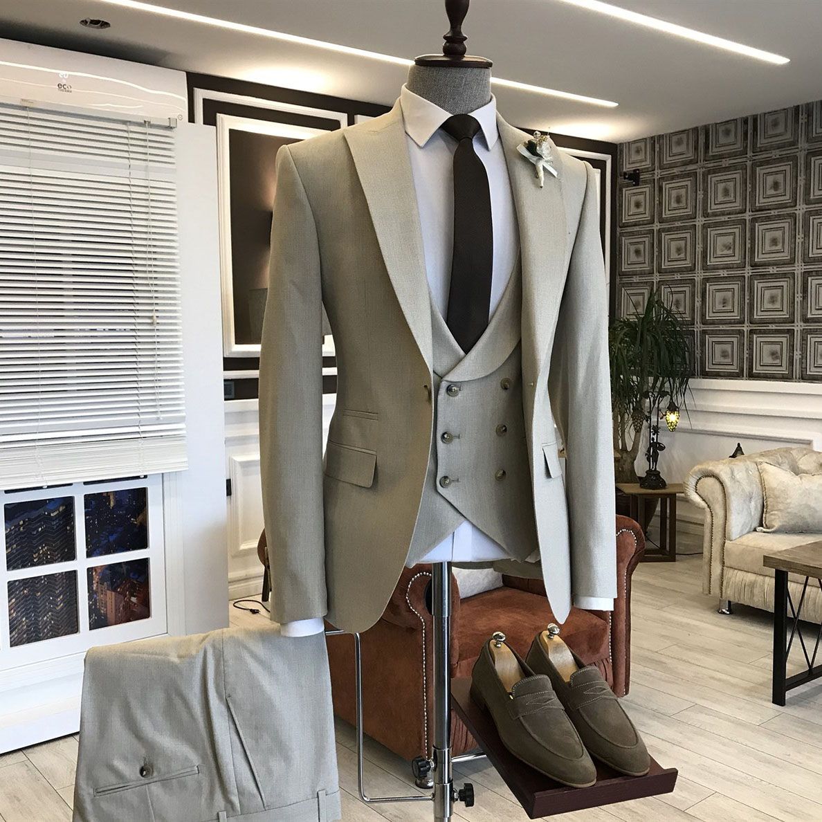 Classic Light Brown 3-Pieces Double Breasted Waistcoat Formal Menswear