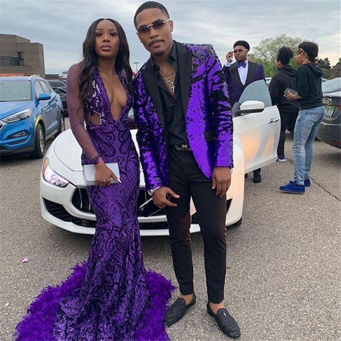 Classic Purple Sequined 2-Piece Slim Fit Men Prom Suits