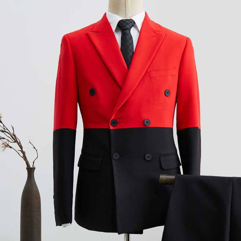 Classy Black and Red Peaked Lapel Double Breasted Prom Suit