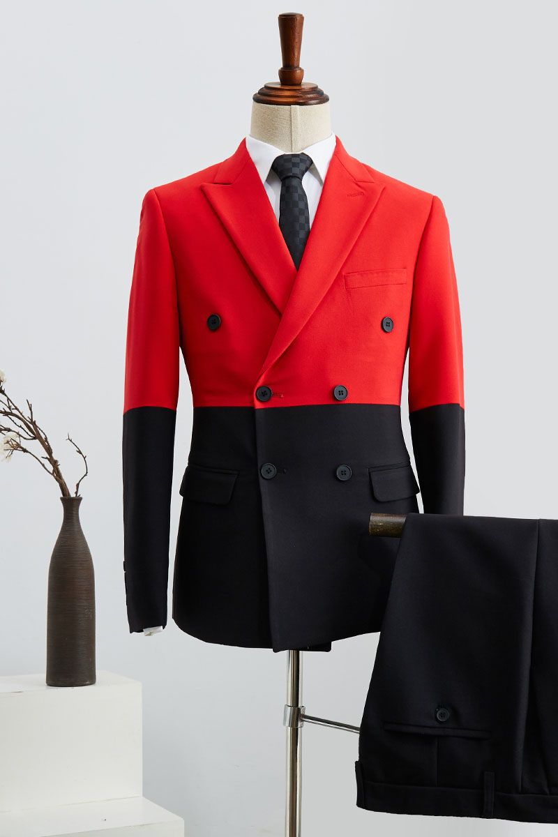 Classy Black and Red Peaked Lapel Double Breasted Prom Suit