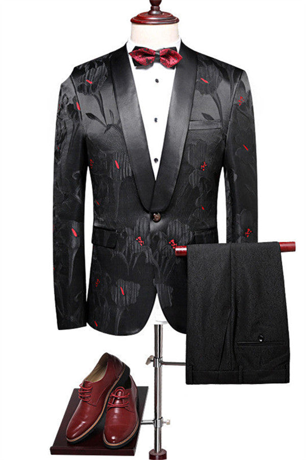 Classy Black Jacquard Shawl Lapel Floral Tuxedo