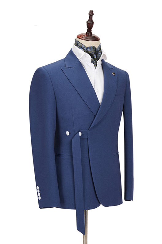 Classy Dark Blue Peaked Lapel Slim Fit Men Suit