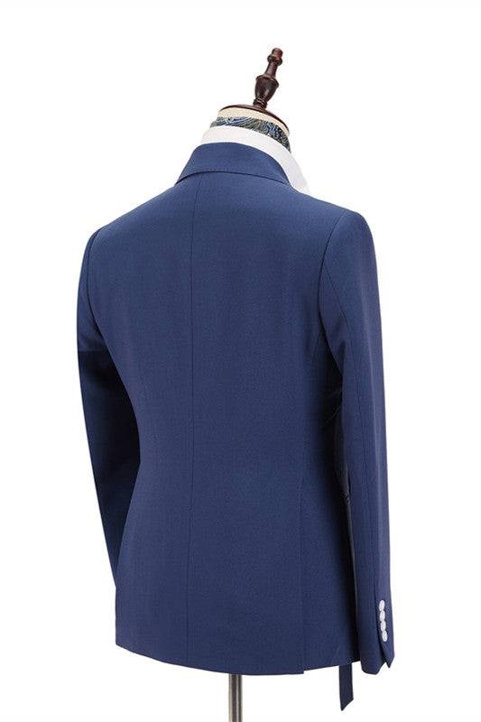 Classy Dark Blue Peaked Lapel Slim Fit Men Suit