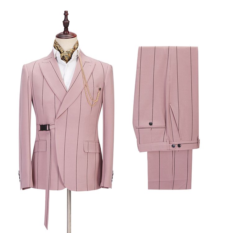 Classy Pink Striped Peaked Lapel Fitted Men Suits