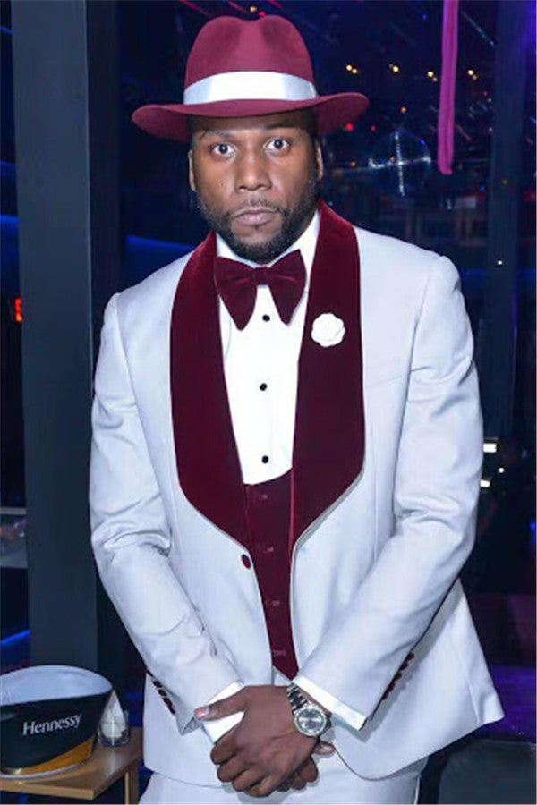 Cream Three Piece Red Shawl Lapel One Button Wedding Tuxedo