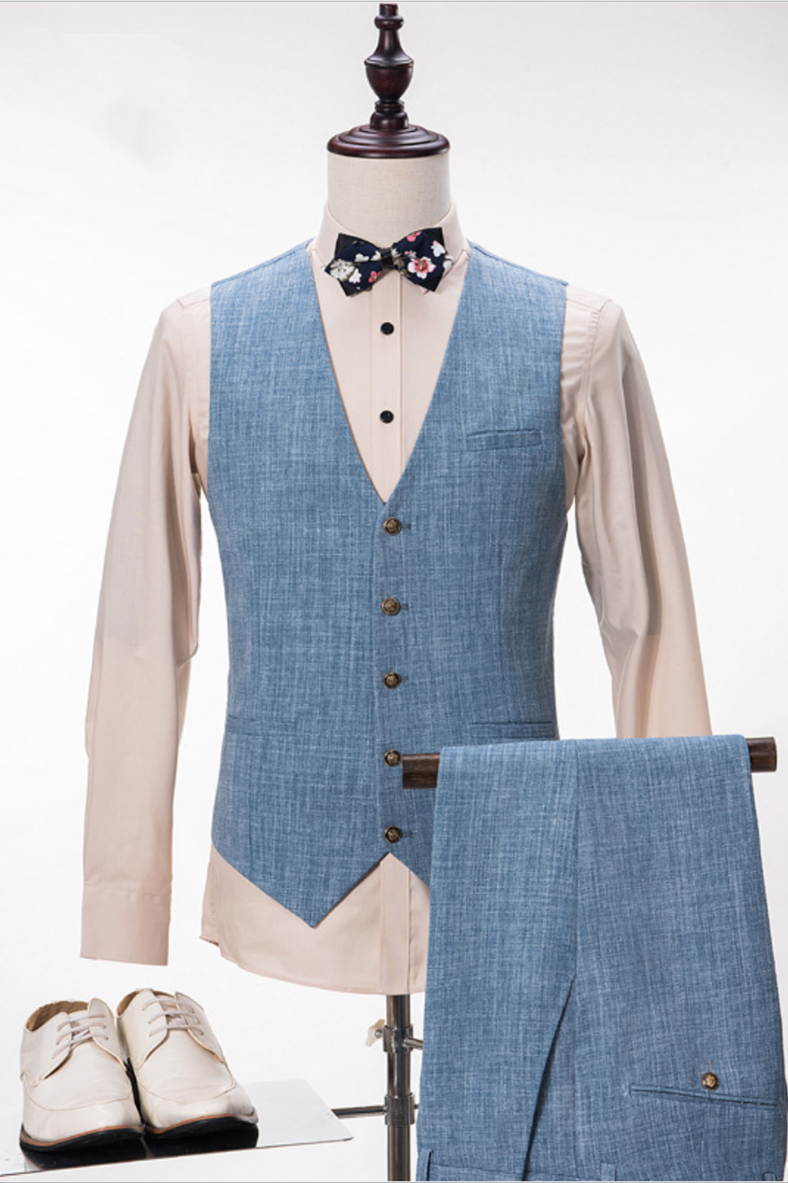Custom Design Blue Linen Suit for Wedding Peak Lapel Summer Groom and Groomsmen Suits
