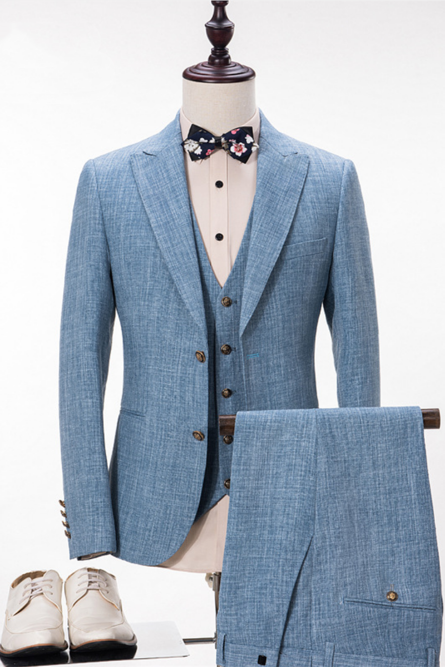 Custom Design Blue Linen Suit for Wedding Peak Lapel Summer Groom and Groomsmen Suits