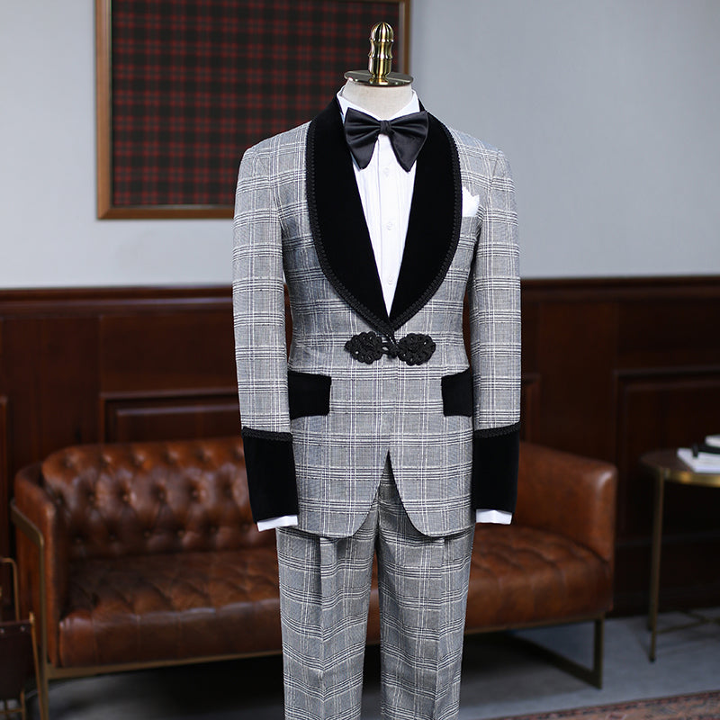 Custom Design Gray Plaid Knitted Button Wedding Suit for Grooms
