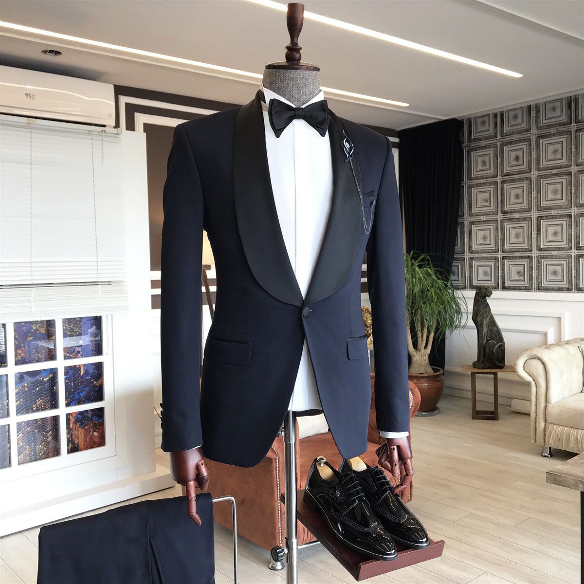 Custom Design Shawl lapel 2-pieces Navy Blue Slim Fit One Button Wedding Suit