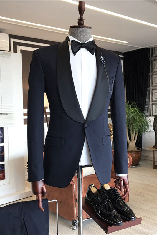 Custom Design Shawl lapel 2-pieces Navy Blue Slim Fit One Button Wedding Suit