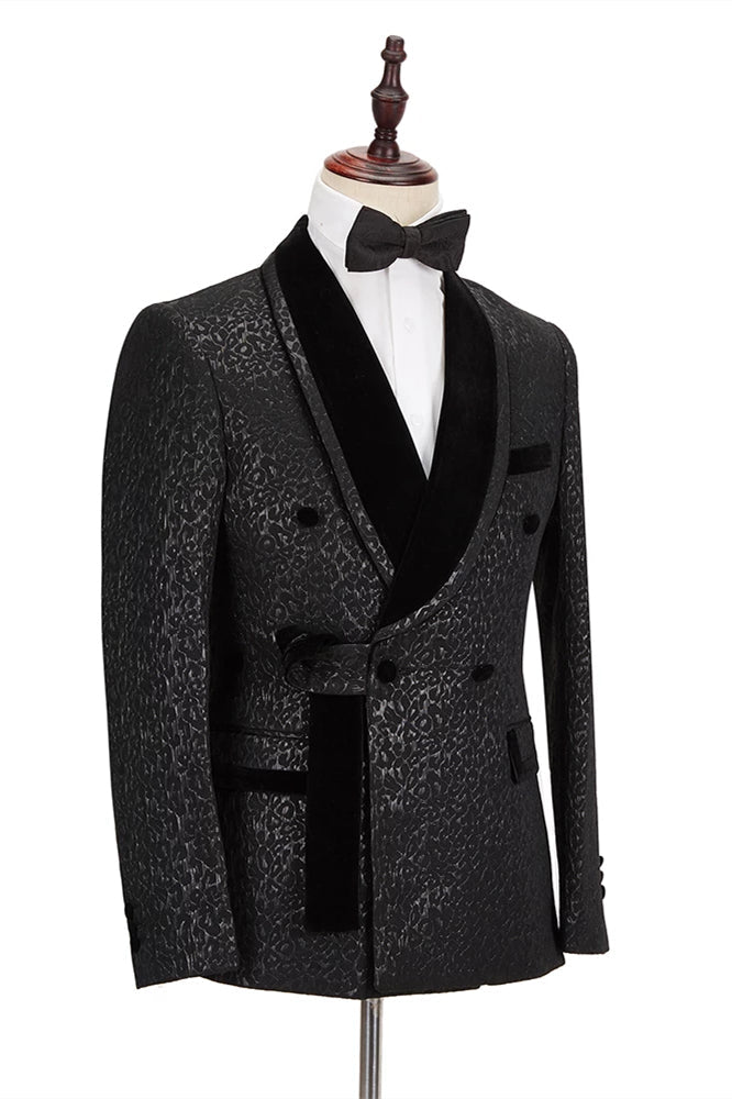 Custom design Shawl Lapel Double Breasted Prom Suit Belt Leopard Black