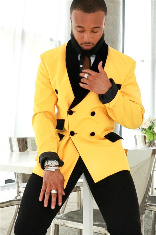 Yellow Double Breasted Slim Fit Men's Suits with Black Shawl Lapel