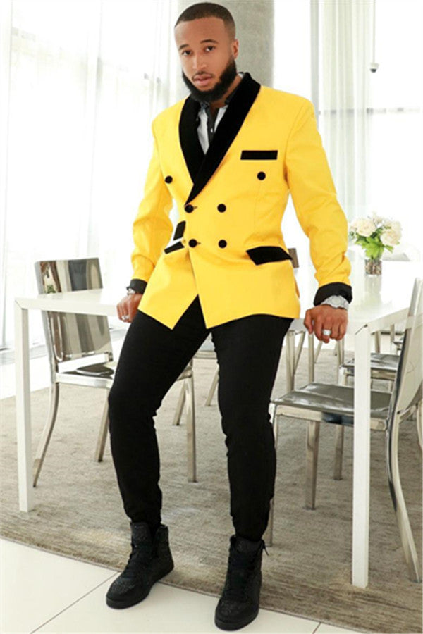 Yellow Double Breasted Slim Fit Men's Suits with Black Shawl Lapel