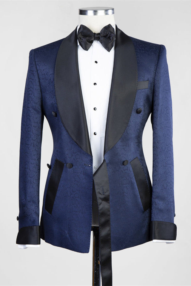 Navy Blue Jacquard Shawl Lapel Double Breasted Floral Tuxedo