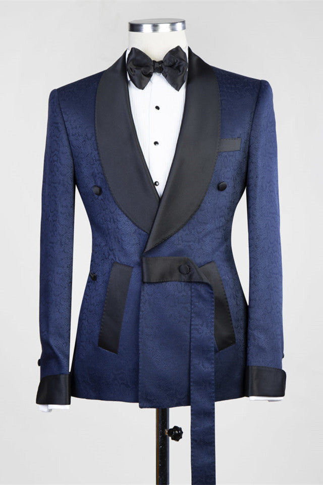 Navy Blue Jacquard Shawl Lapel Double Breasted Floral Tuxedo