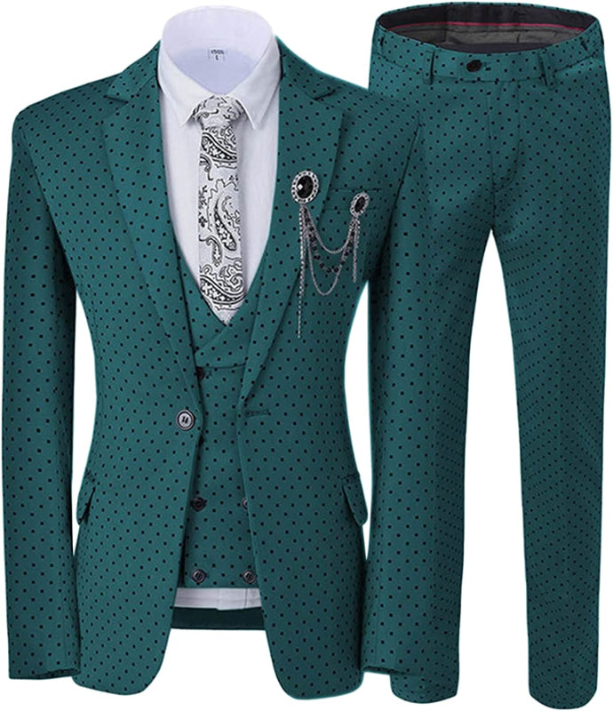 Dark Green Notched Lapel Black Dot Three Pieces Prom Suits