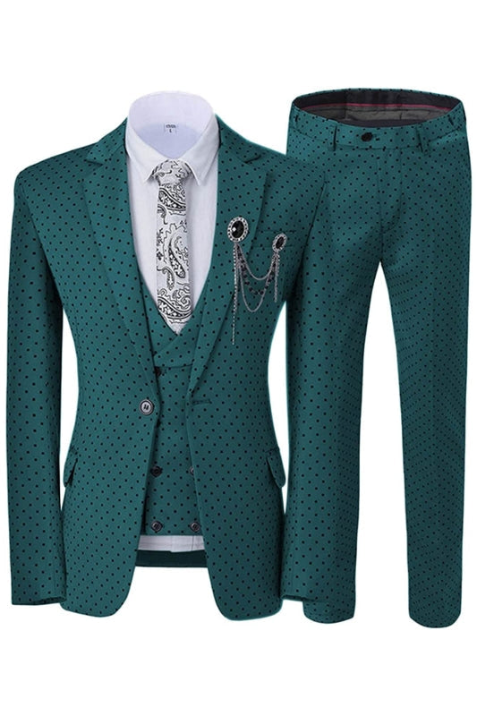 Dark Green Notched Lapel Black Dot Three Pieces Prom Suits