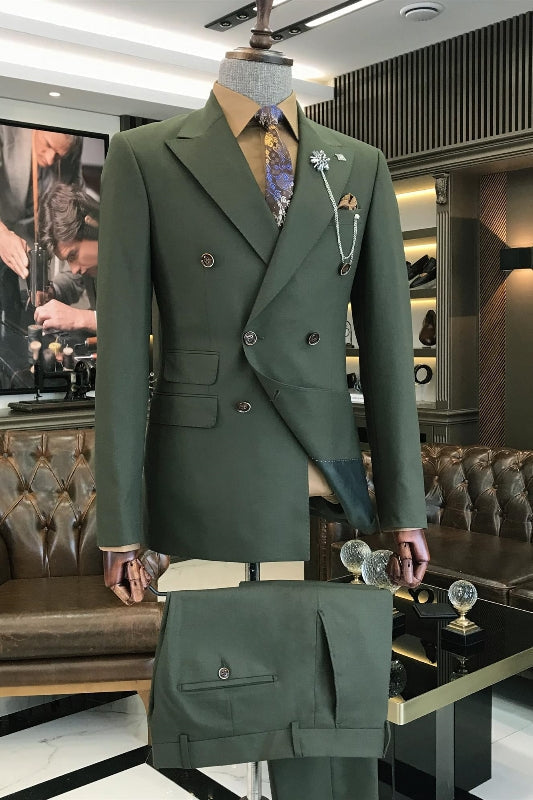 Dark Green Peaked Lapel Double Breasted Prom Suits Two Piece