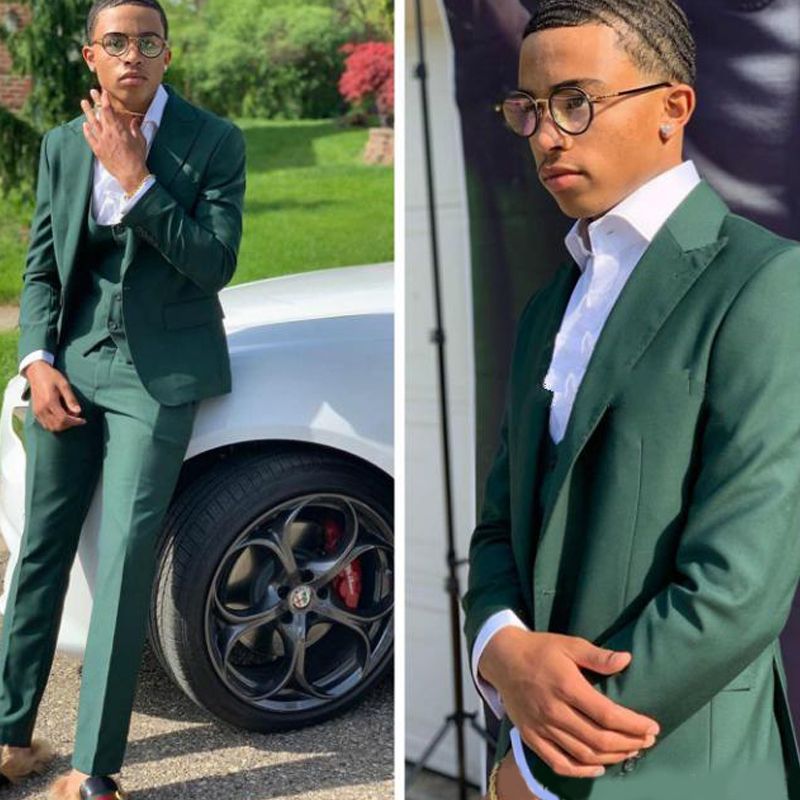 Dark Green 3 Piece Slim Fit Peaked Lapel Men Suits