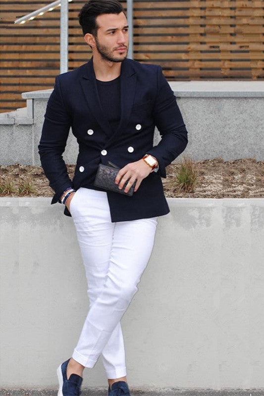 Dark Navy Double Breasted Peaked Lapel Formal Suits with White Pants