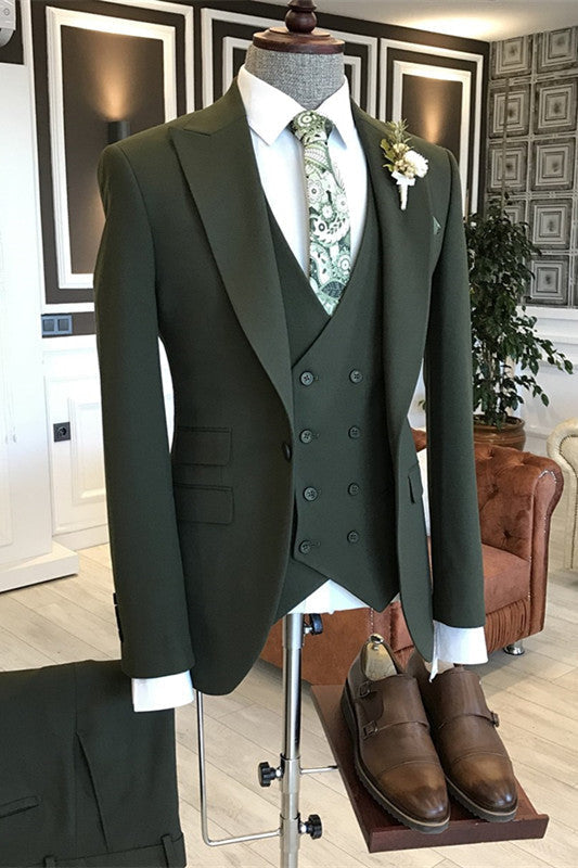 Deep Green Peaked Lapel Business Outfits Three Pieces Wedding Prom Suits