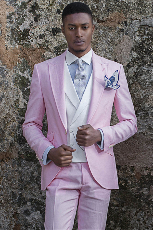 Designer Peaked Lapell Groom Tuxedos Pink Prom Men Outfits