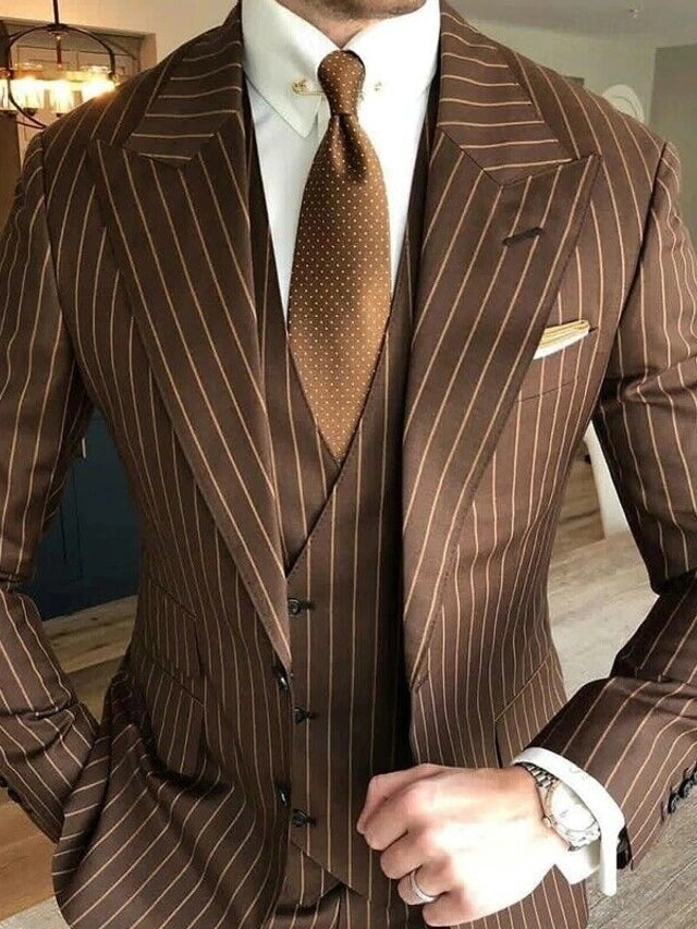 Brown Peaked Lapel Three Pieces Prom Suits Slim Fit Wedding Suit