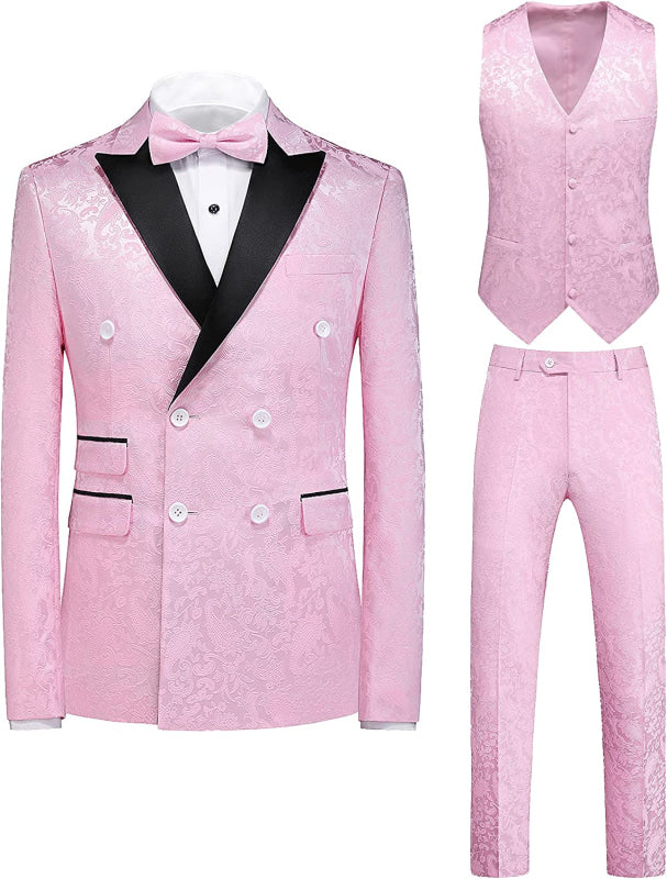 Double Breasted Pink Jacquard Three Pieces Wedding Suits Peaked Lapel