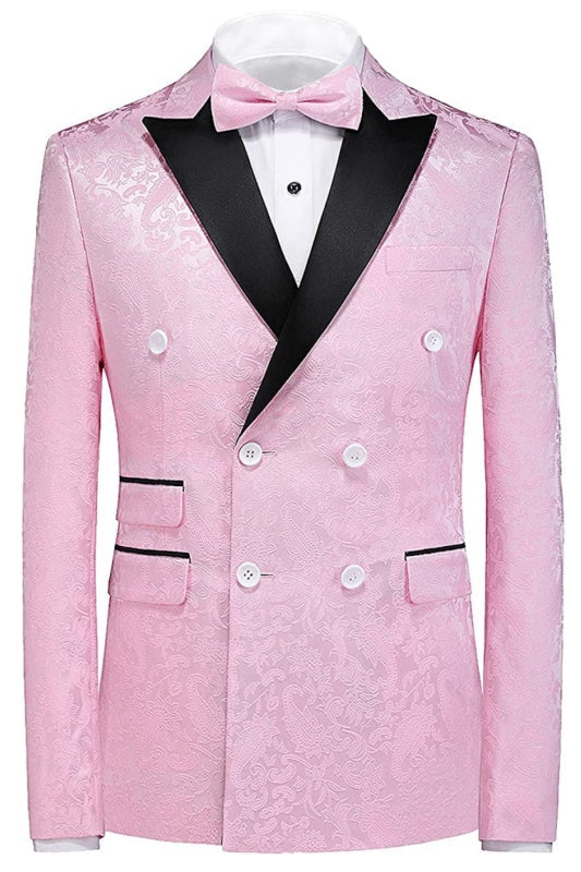 Double Breasted Pink Jacquard Three Pieces Wedding Suits Peaked Lapel