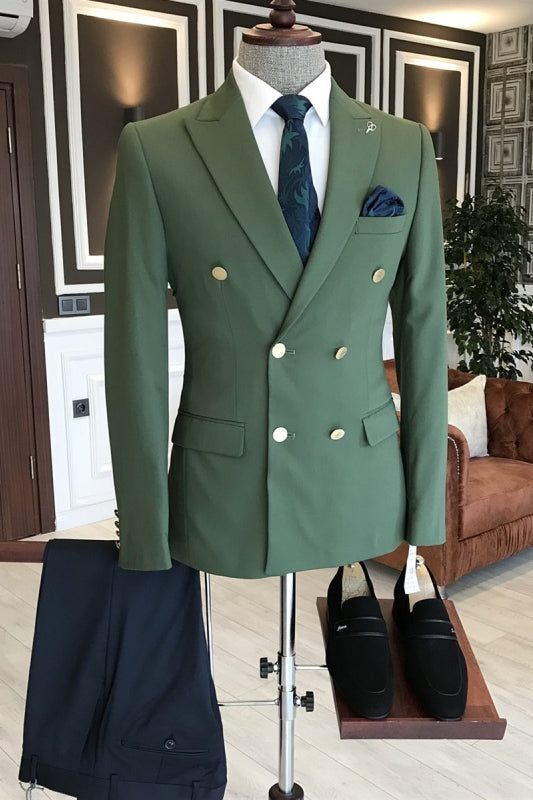 Fancy Dark Green Peaked Lapel Double Breasted Two Pieces Wedding Suits