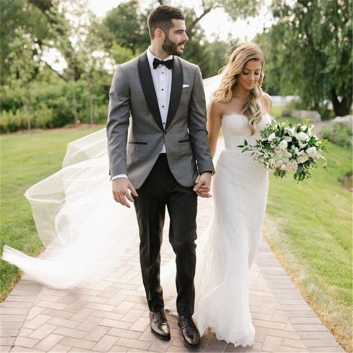 Fashion Gray Shawl Lapel Wedding Suit One Button Men Suit