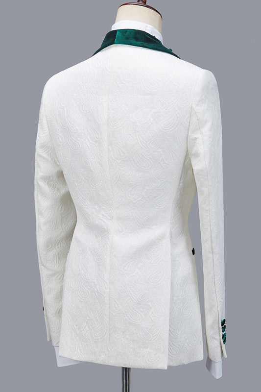 Fashion White Jacquard Three Pieces Wedding Suit with Green Shawl Lapel