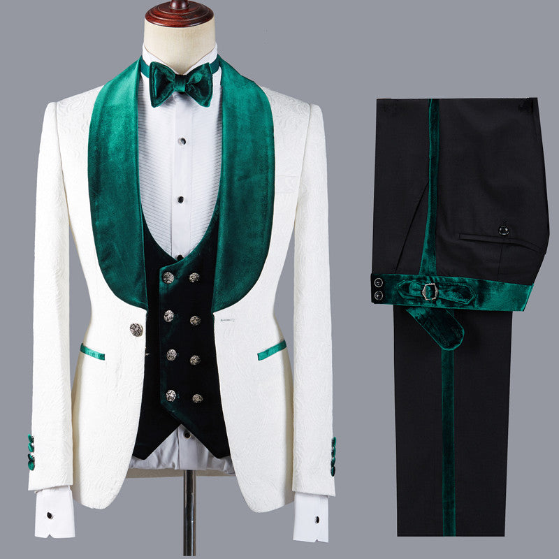 Fashion White Jacquard Three Pieces Wedding Suit with Green Shawl Lapel