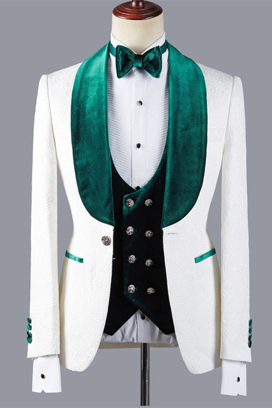 Fashion White Jacquard Three Pieces Wedding Suit with Green Shawl Lapel