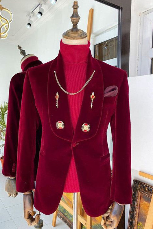 Fashion Red Velvet Shawl Lapel 2-piece Suit