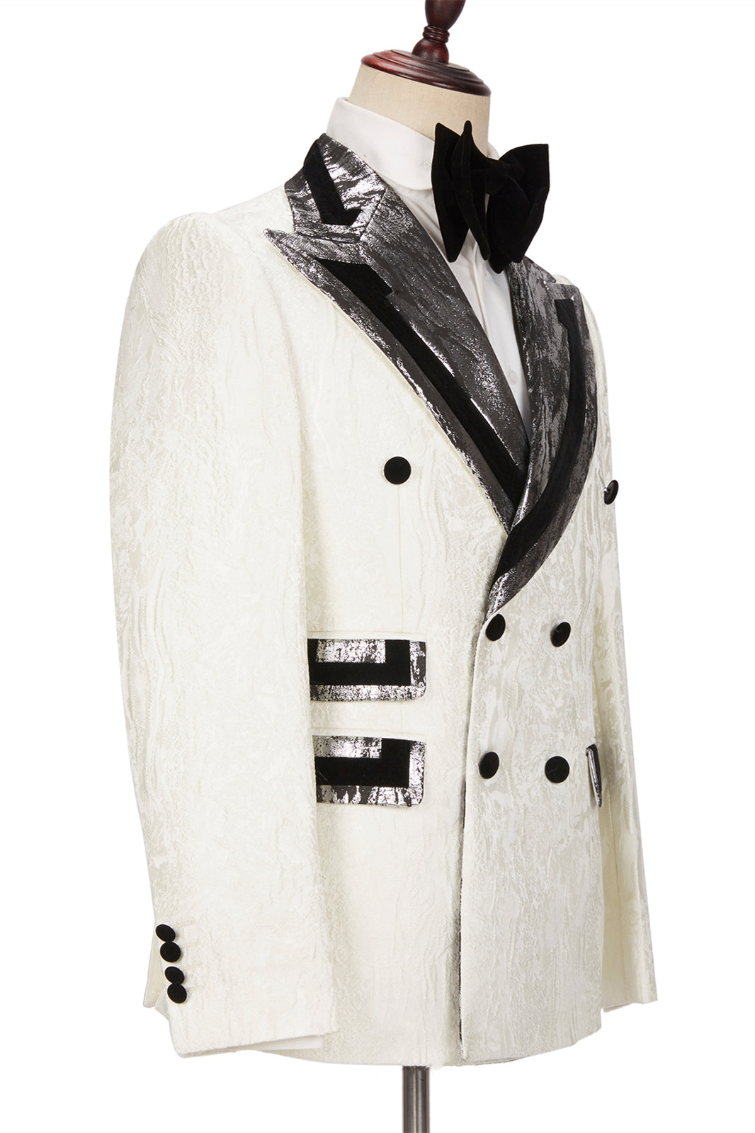 Fashion White Jacquard Sparkle Silver Gray Lapel Flaps Double Breasted Outfits