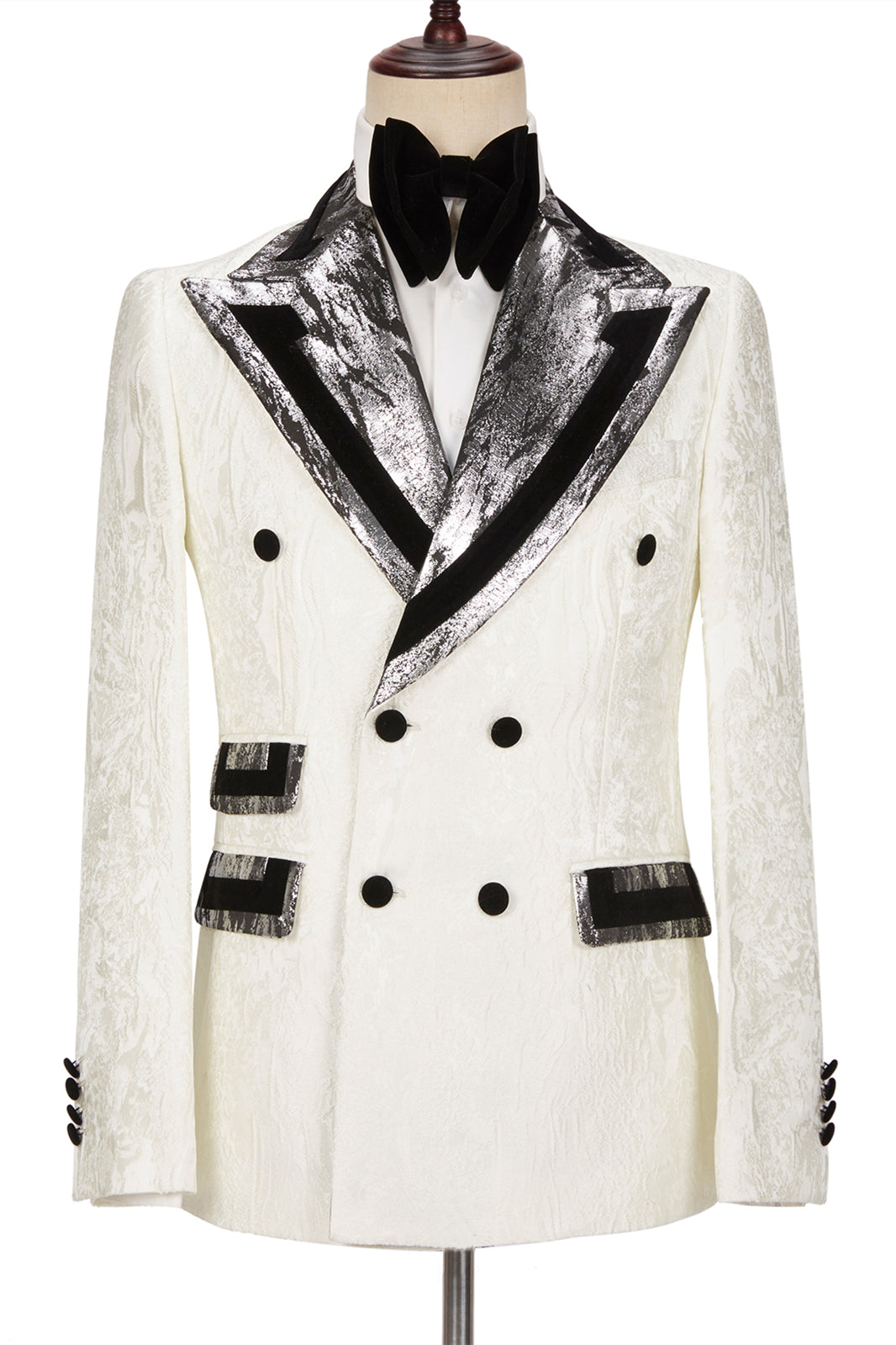 Fashion White Jacquard Sparkle Silver Gray Lapel Flaps Double Breasted Outfits