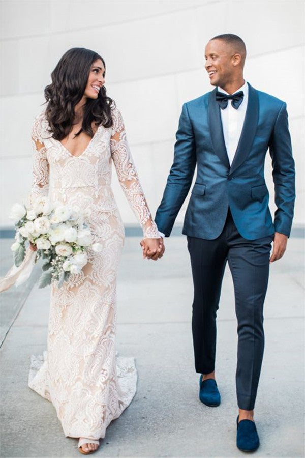 Fashionable Shawl Lapel Dark Blue Groom Tuxedos Bespoke Fit Best Man Wedding Suit