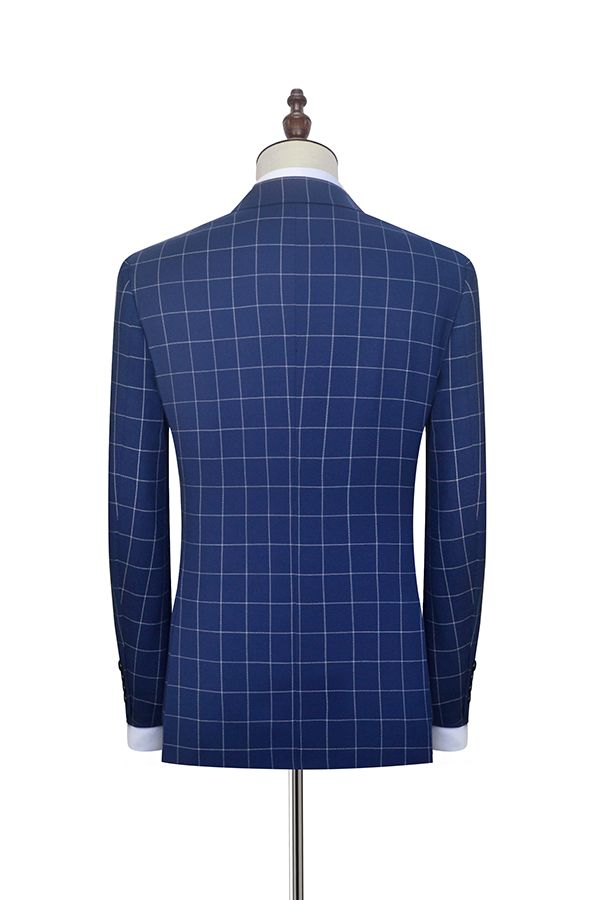 Flap Pocket Peak Lapel Navy Blue Check Mens Suits