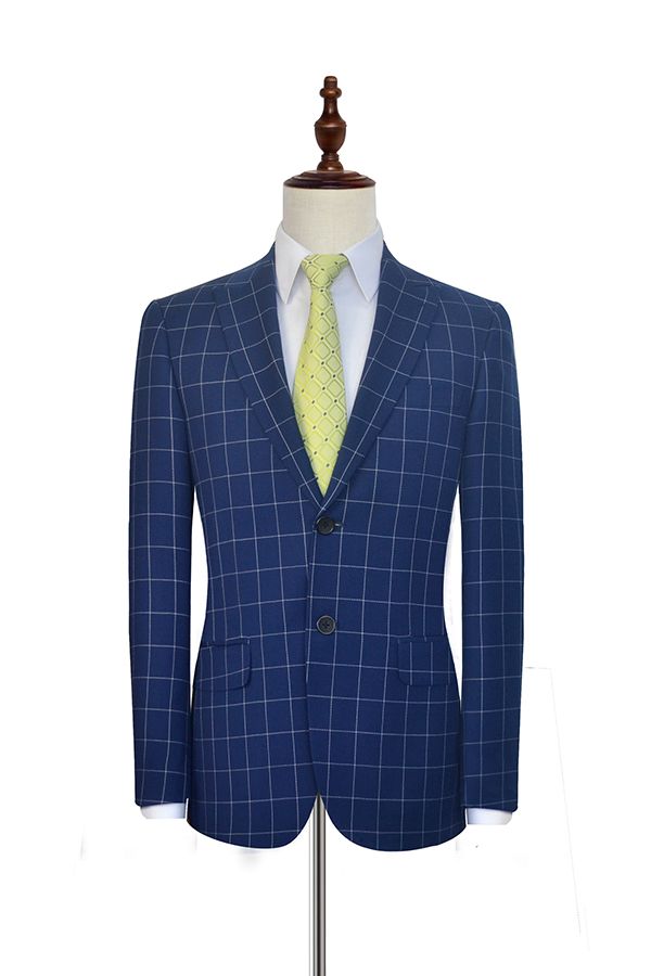 Flap Pocket Peak Lapel Navy Blue Check Mens Suits