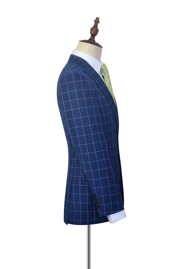 Flap Pocket Peak Lapel Navy Blue Check Mens Suits
