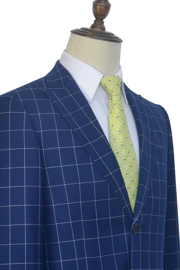 Flap Pocket Peak Lapel Navy Blue Check Mens Suits