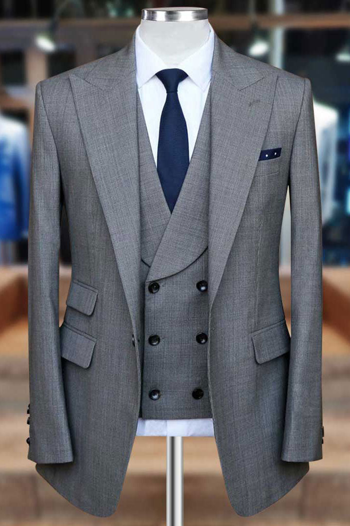 Luxury Grey Peaked Lapel Single Breasted 3-piece Suits