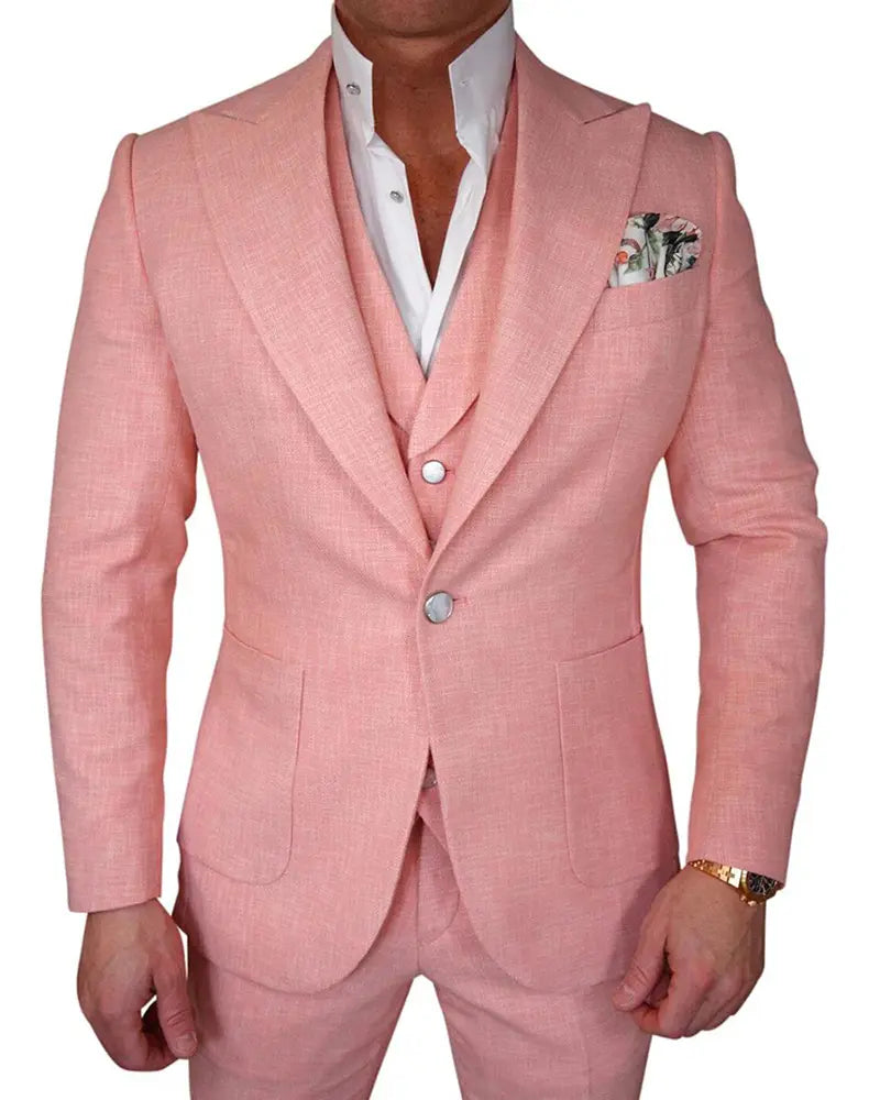 3 Piece Peaked Lapel Single Breasted Pink Suit