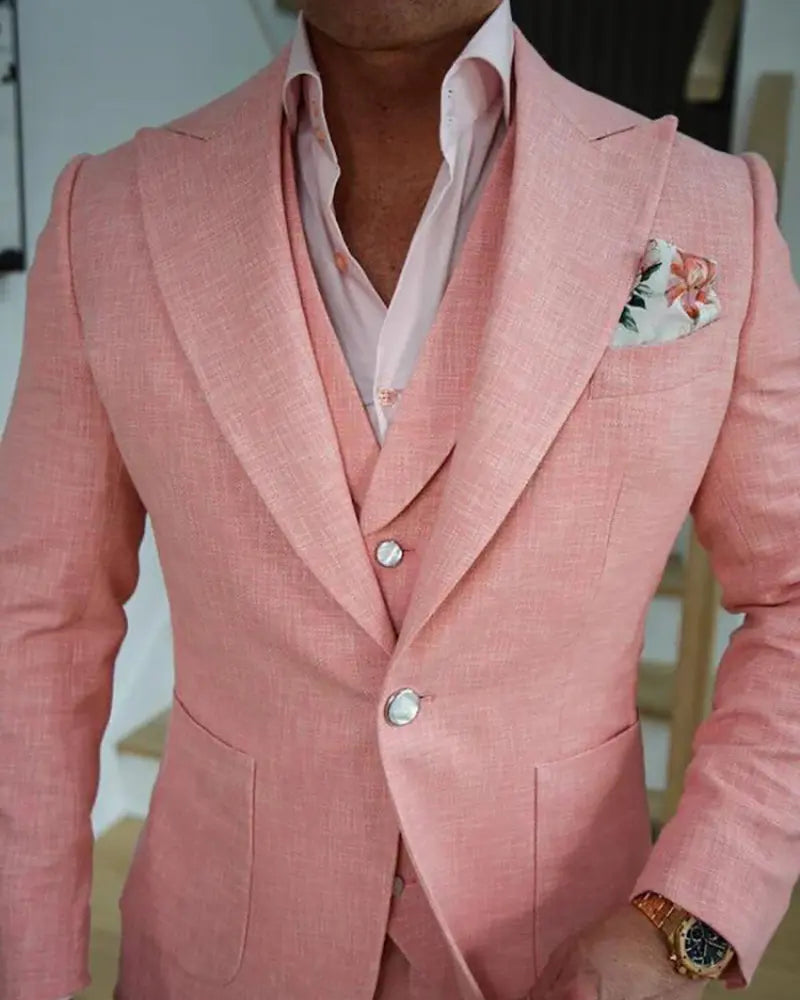 3 Piece Peaked Lapel Single Breasted Pink Suit