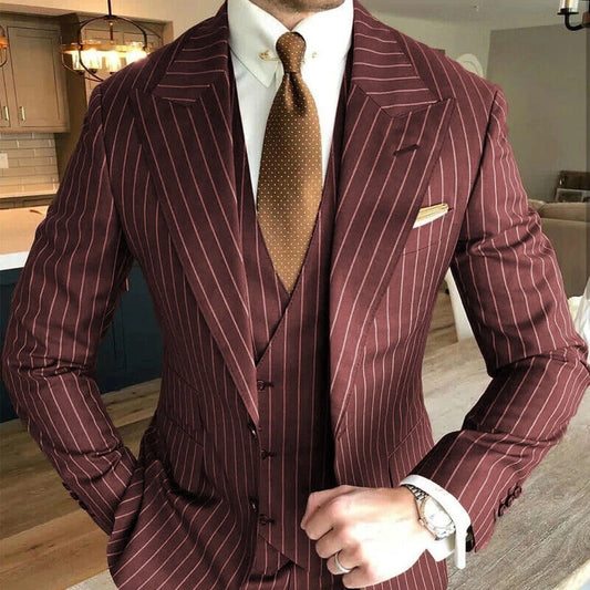 Burgundy Stripe Peak Lapel 3-piece Men's Suit