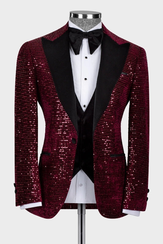 Burgundy Three Pieces Sequins Prom Suits with Peaked Lapel Black Vest