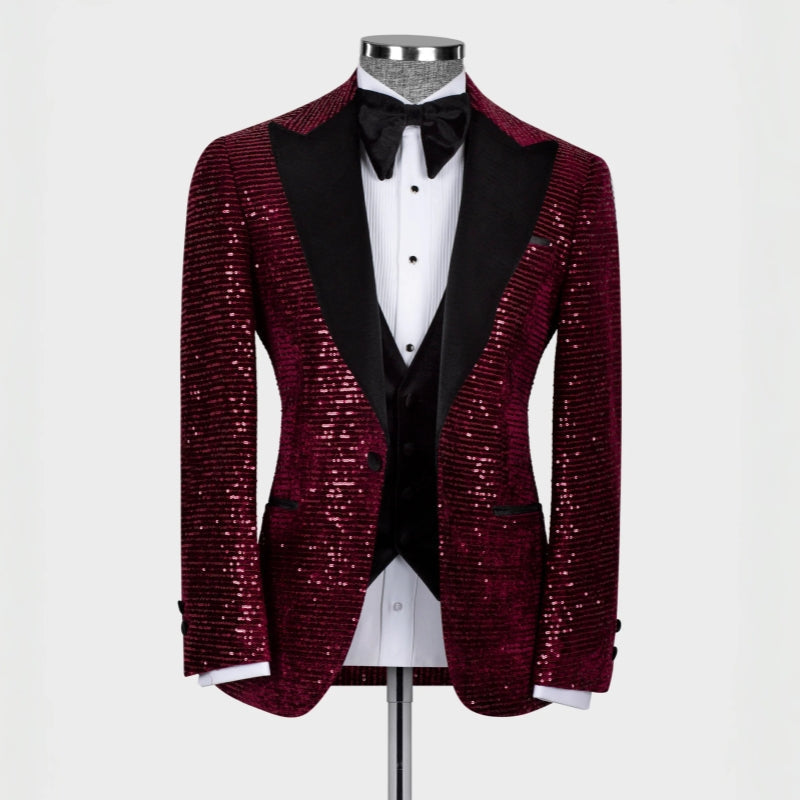 Burgundy Three Pieces Sequins Prom Suits with Peaked Lapel Black Vest