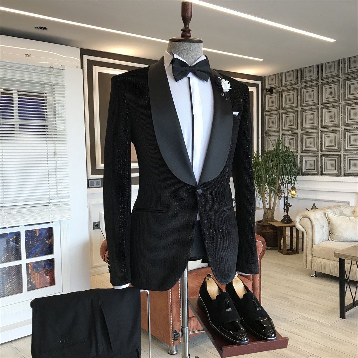 Gentle Black Shawl Lapel Single Breasted With One Button Slim Fit Wedding Suits